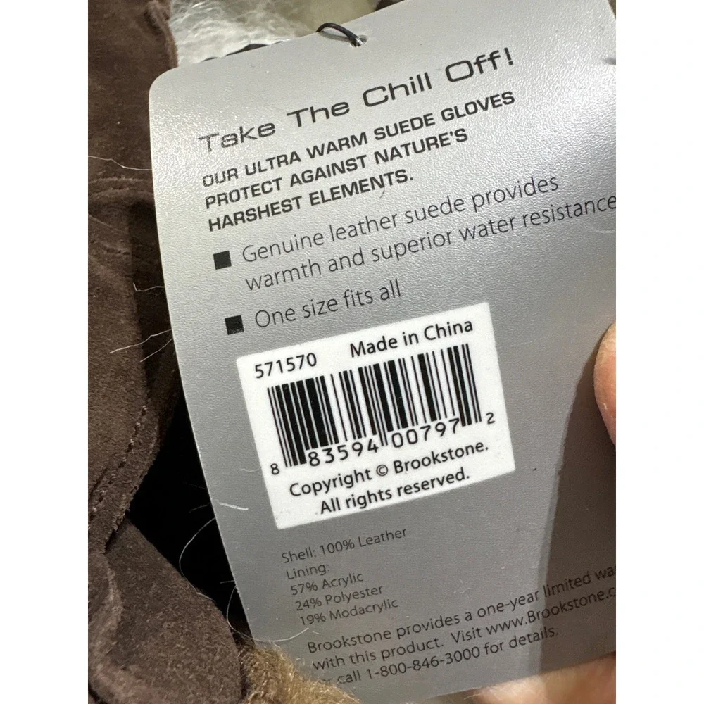 Brookstone Chill Buster Brown Suede Mittens Fur Trim One Size NWT 571570